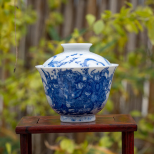 景德镇画堂春陶瓷四大天王两才盖碗青花瓷釉下彩手工手绘高温烧制