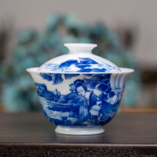 景德镇画堂春陶瓷贵妃醉酒两才盖碗青花瓷釉下彩手工手绘高温烧制