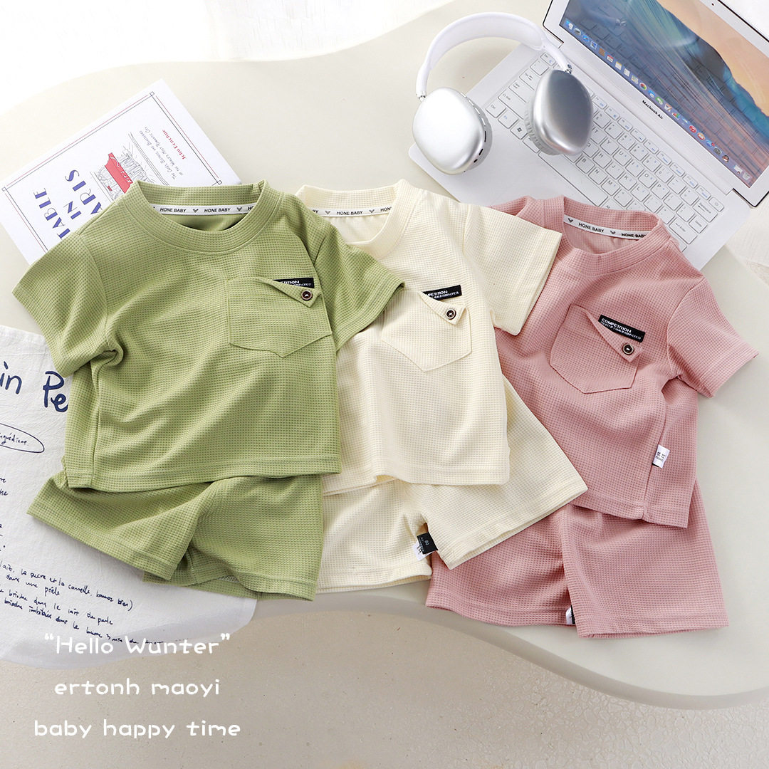 儿童夏季套装华夫格短袖t恤短裤男女童休闲洋气运动服薄款两件套