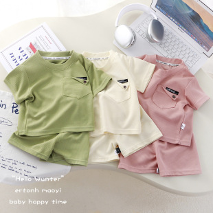 男女童休闲洋气运动服薄款 儿童夏季 t恤短裤 华夫格短袖 两件套 套装