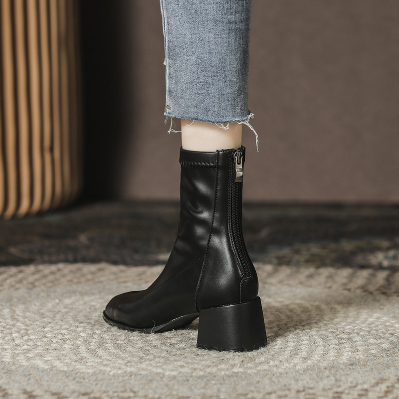 SOFT LEATHER ELASTIC BOOTS WOMENS 2021 NEW AUTUMN AND WINTER BOOTIES KOREAN VERSION OF MID-HEEL BLOCK HEEL BOOTS LOOK THIN FRENCH SKINNY BOOTS