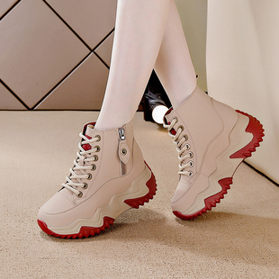 香港真皮爆款小短靴女鞋2025冬内增高显脚小个子加绒马丁靴高帮鞋