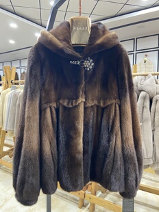 2025新款进口天鹅绒整貂连帽咖啡过度时尚貂皮大衣皮草外套