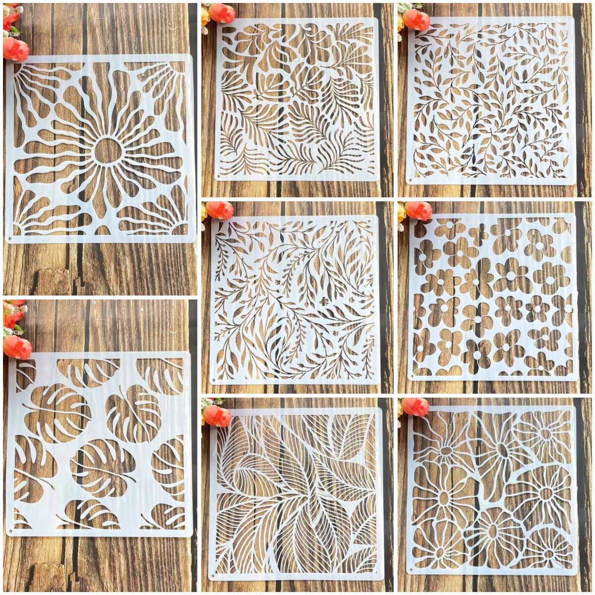 几何花朵植物树叶肌理塑料绘画模板手绘涂鸦喷绘镂空辅助花边尺