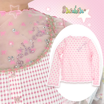 shishihshop西西商店粉色蝴蝶结透视网纱上衣打底烫钻复古千禧