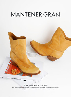 MantenerGran美式复古西部牛仔靴女2026新款做旧牛皮时装靴MG女鞋