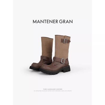 MantenerGran复古真皮靴子中筒靴女厚底增高骑士靴西部靴 MG女鞋