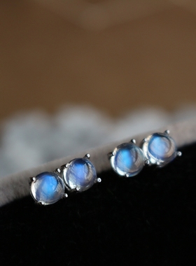 天然斯里兰卡月光石耳钉 5mm四爪耳钉s925纯银耳饰女 蓝彩月