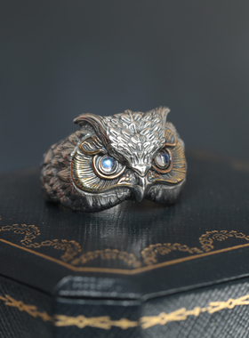925纯银月光石宝石戒指男女通用复古猫头鹰指环 潮流高级感送朋友