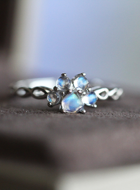 天然蓝月光石戒指可爱女纯银猫爪