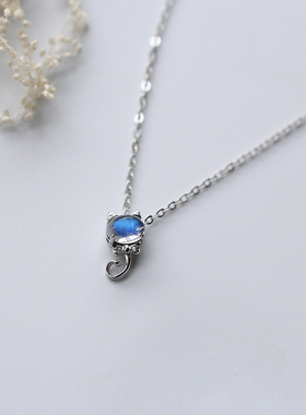元气少女心小清新猫咪月光石项链纯银吊坠女锁骨链简约百搭礼物