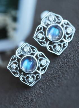 天然月光石四叶草纯银耳钉特别设计感 小众 蕾丝复古简约精致耳饰