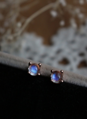 玻璃体天然月光石耳钉 迷你4mm四爪小耳钉s925纯银耳饰防过敏