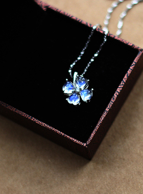 天然斯里兰卡月光石吊坠 戒面 心形 925纯银四叶草吊坠 锁骨链女