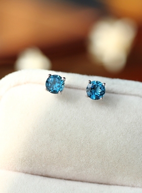 4MM 正圆刻面天然伦敦蓝托帕石 S925纯银镀白金 耳钉 耳骨钉 耳针