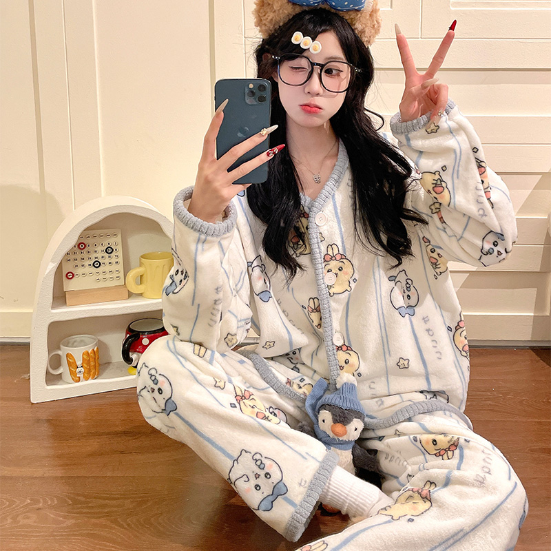 新款睡衣女士冬季加厚半边绒长袖保暖开衫珊瑚绒可外穿家居服套装