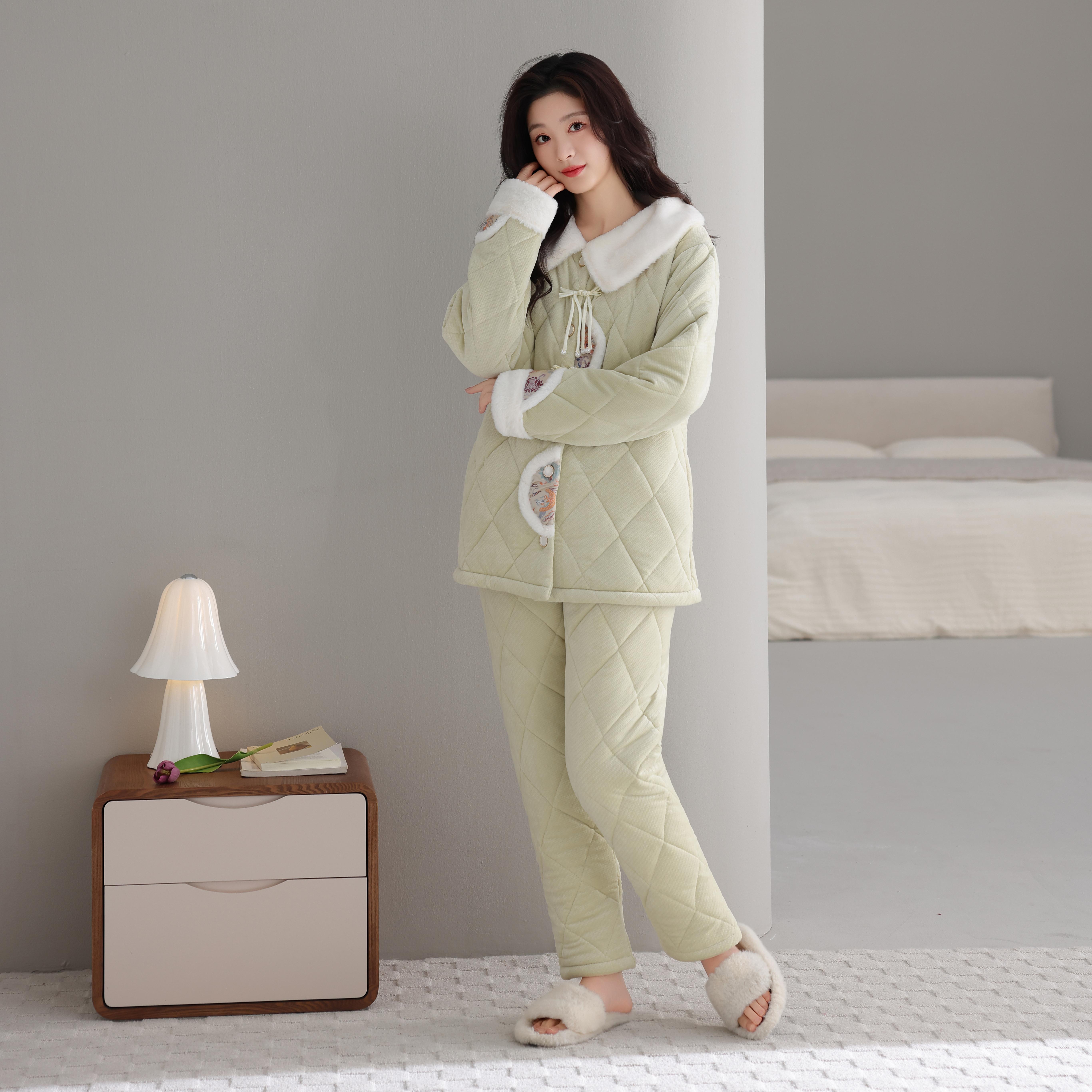 三层夹棉加绒加厚棉袄女士家居服保暖家居服夹棉袄大码特厚冬季