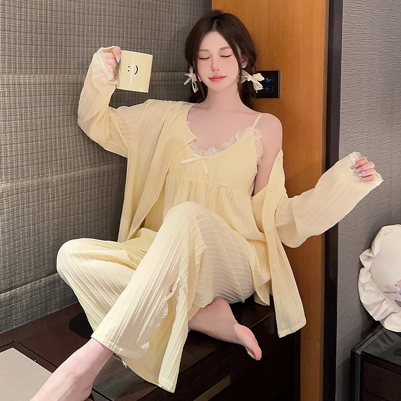 三件套纯欲风性感纯棉长袖带胸垫可拆卸长裤提花简约GP女士家居服