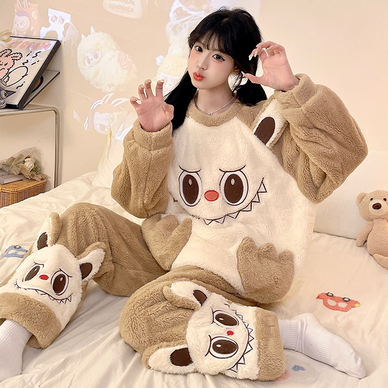 冬季新款睡衣女加厚半边绒卡通圆领休闲家居服套装卡通可爱