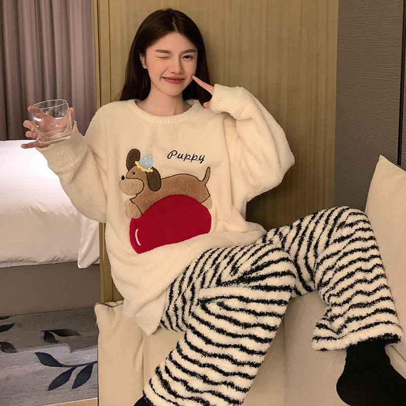 睡衣女冬季长毛半边绒软绵家居服套头圆领家居服加厚条纹