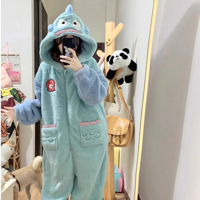 少女小丑鱼珊瑚绒连体睡衣女加绒加厚冬季新款居家毛绒睡袍一体式