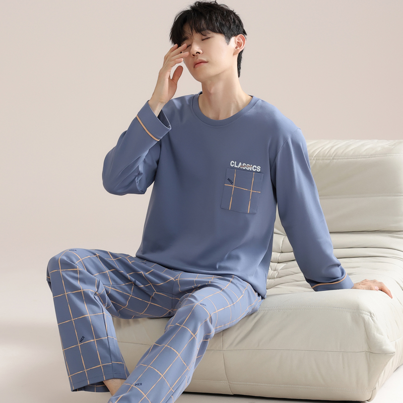 男士纯棉睡衣春季长袖套头格子可外穿休闲家居服套装两件套