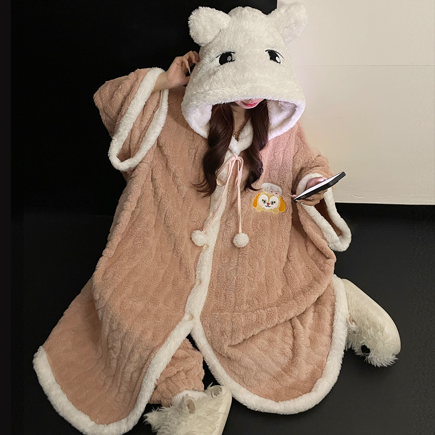 斗篷睡袍套装珊瑚绒睡衣女秋冬连帽家居服加厚长袍睡裙保暖中长款