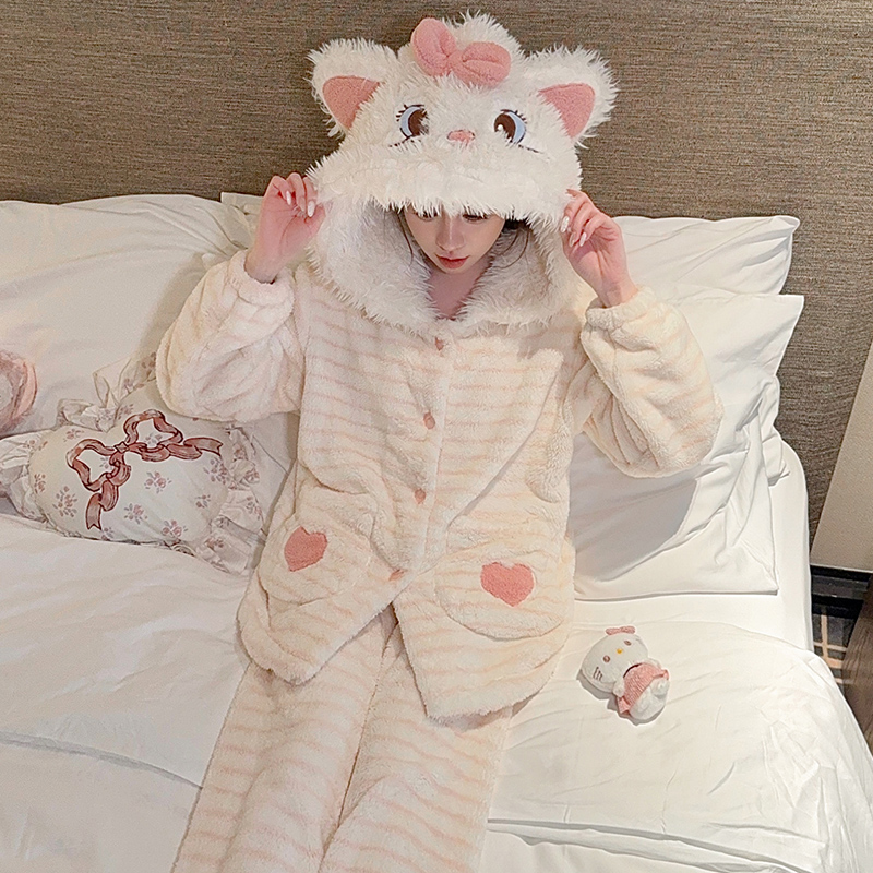 珊瑚绒睡衣女秋冬加厚可爱卡通连帽家居服套装可外穿保暖法兰绒