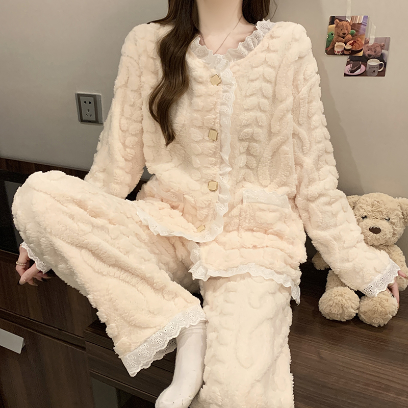 秋冬季新款长毛绒睡衣女公主风加厚甜美少女家居服珊瑚法兰绒套装