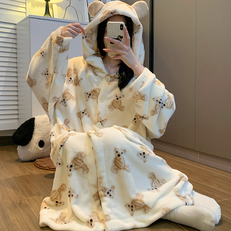 卡通小熊法兰绒睡衣女冬季加厚连帽长袖珊瑚绒家居服套装睡裙