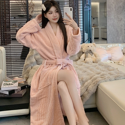 秋冬季睡袍女士保暖法兰绒浴袍宽松绑带睡衣粉色加厚女纯欲珊瑚绒