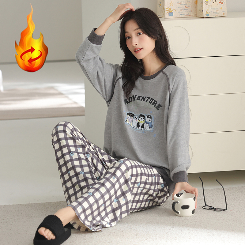 新款冬季长袖套头保暖女睡衣薄款套装家居服薄绒蚕丝羊毛绒秋德绒