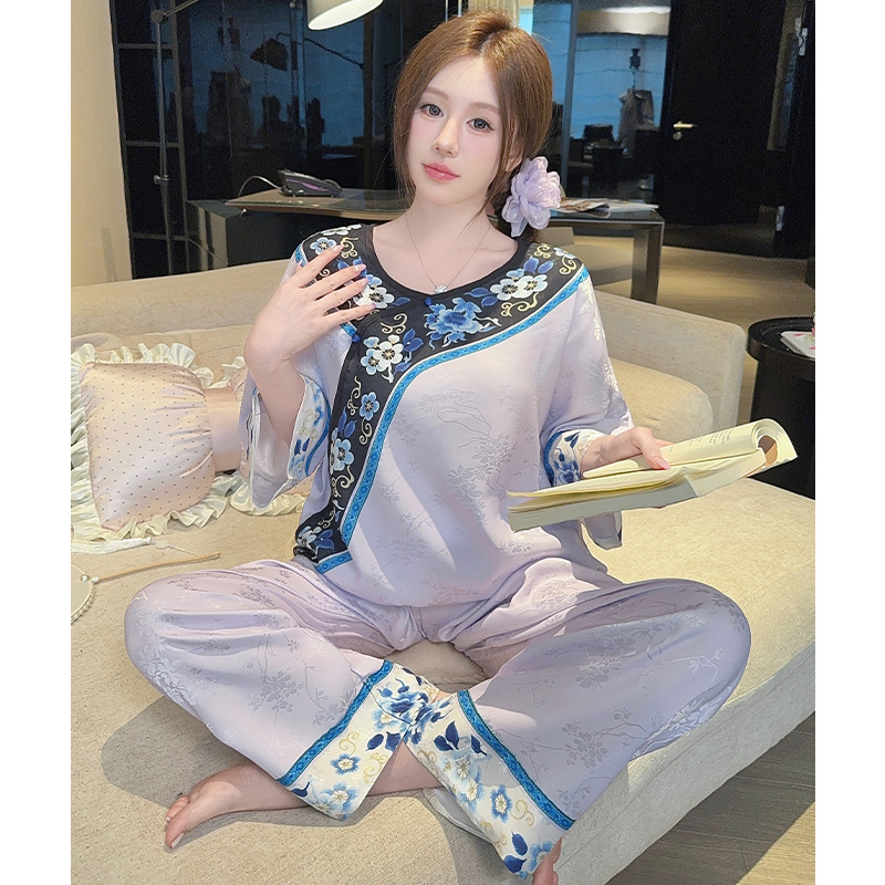 新中式国风睡衣女夏冰丝可外穿家居服复古少奶奶半袖长裤提花套装