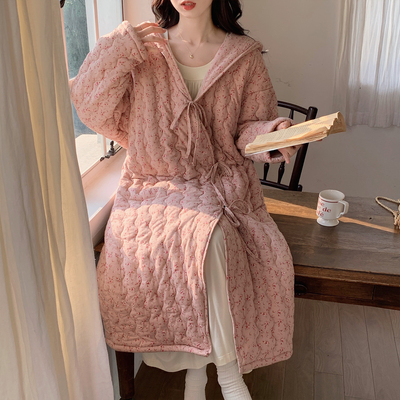 冬季新款碎花连帽三层夹棉加厚保暖睡袍中长款家居服浴袍女纯棉面