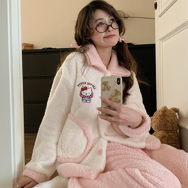 双面半边绒圣诞苹果狗睡衣加肥大码冬可爱少女宿舍保暖家居服套装