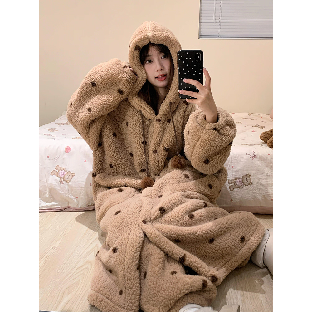 冬季加厚珊瑚绒女睡袍家居服套装