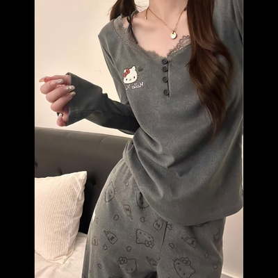 HelloKitty德绒睡衣女冬季可爱带胸垫宽松家居服套装两件套