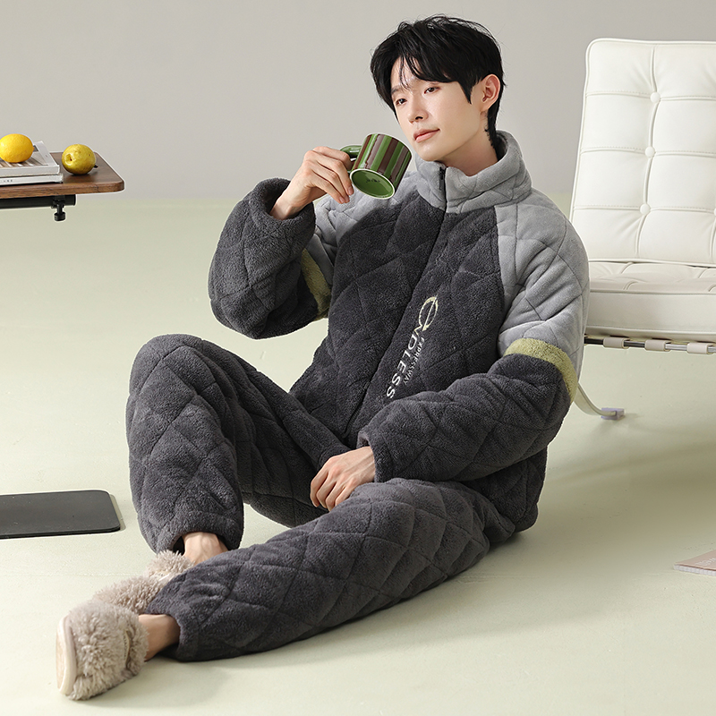冬季男士三层夹棉睡衣加绒加厚恒温保暖珊瑚绒夹棉大码家居服套装