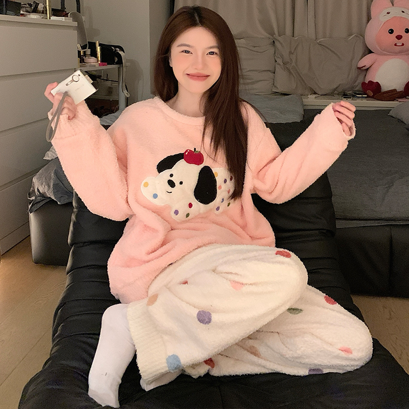 睡衣女冬季长毛半边绒软绵家居服套头圆领家居服加厚加绒保暖卡通