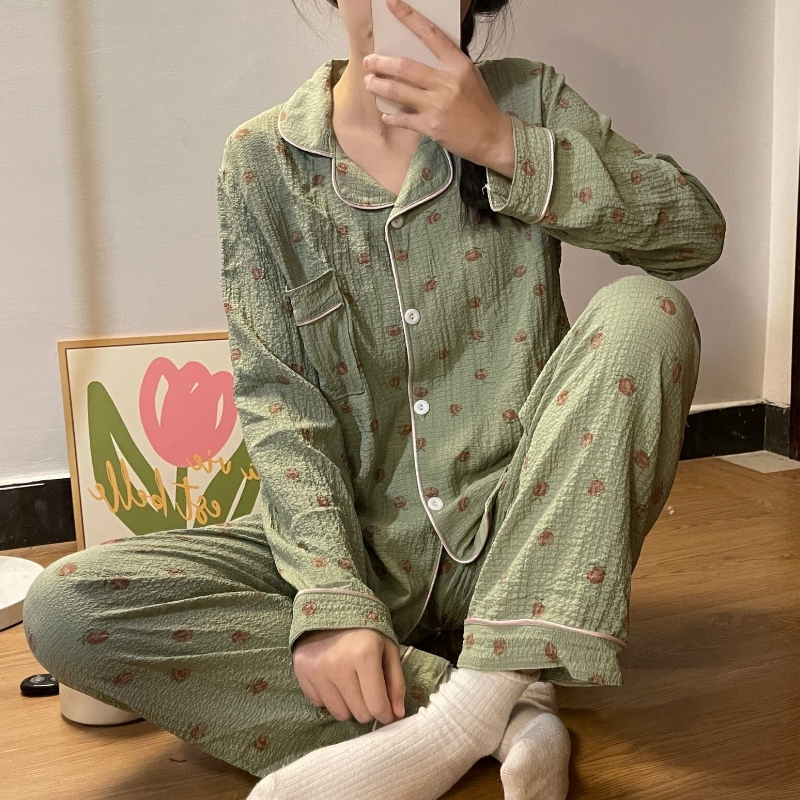 日本GP睡衣少女春秋款纱布长袖长裤韩版可爱开衫小清新家居服套装