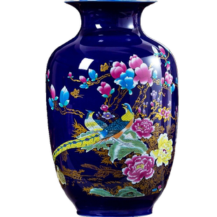 景德镇陶瓷器蓝色锦鸡小花瓶中式家居客厅装饰品工艺品博古架摆件