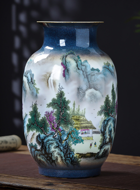 景德镇陶瓷器粉彩山水画 画花瓶冬瓜瓶中式家居客厅插花装饰摆饰