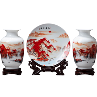 景德镇陶瓷器鸿运当头小花瓶三件套家居客厅电视柜博古架装饰摆件