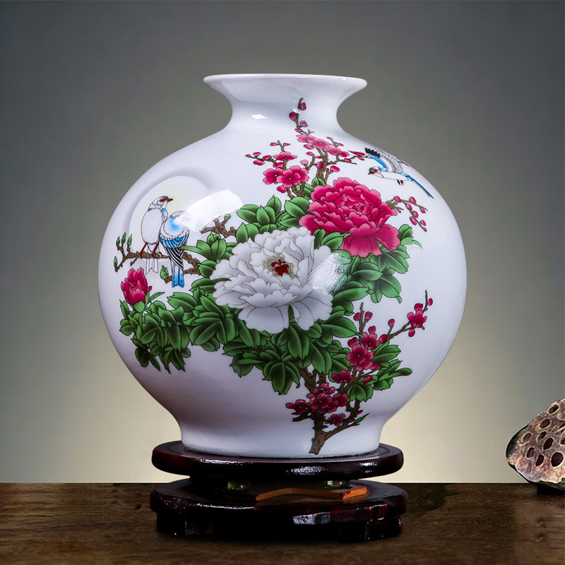景德镇陶瓷器小花瓶石榴瓶牡丹花圆球瓶子中式家居装饰品酒柜摆件