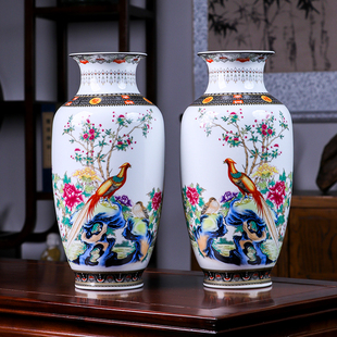 景德镇陶瓷器锦鸡对瓶花瓶摆件客厅插花装饰品新中式家居养富贵竹