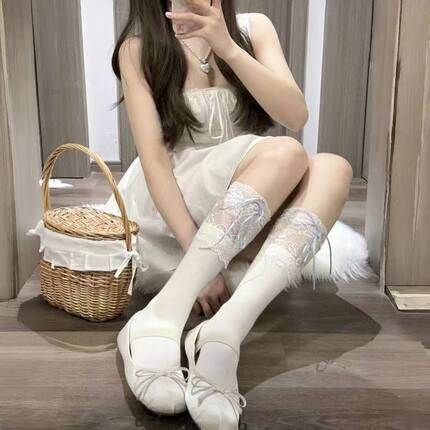 白色蕾丝花边棉袜 长筒蝴蝶结丝带显瘦过膝袜