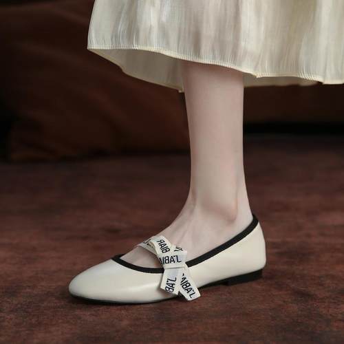 真皮芭蕾舞鞋软底豆豆鞋瓢鞋小香风蝴蝶结浅口单鞋女平底jk小皮鞋