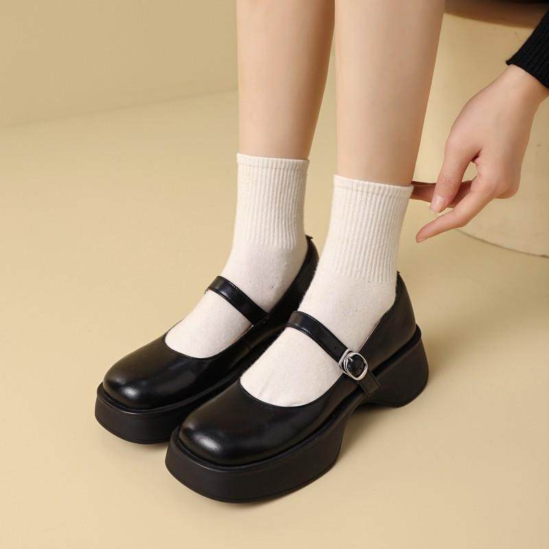 真皮复古一字带玛丽珍圆头松糕底小皮鞋浅口英伦风单鞋女百搭厚底