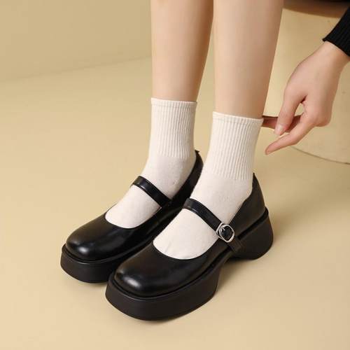 真皮复古一字带玛丽珍圆头松糕底小皮鞋浅口英伦风单鞋女百搭厚底