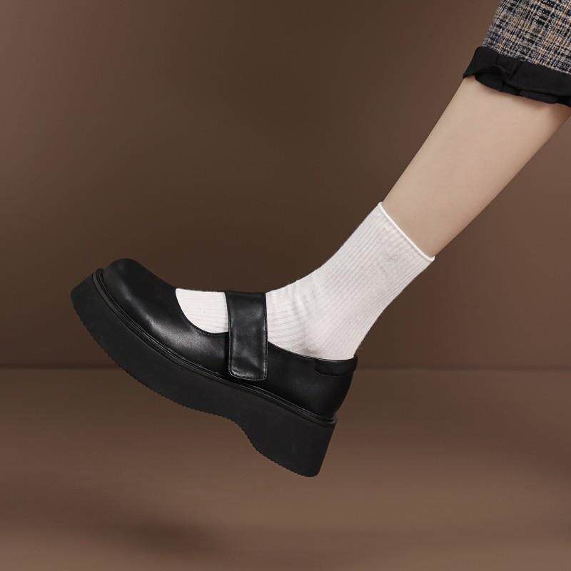 全真皮~日系复古圆头厚底松糕底jk小皮鞋小个子玛丽珍单鞋女